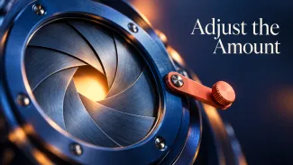 A blue metal aperture with an orange adjustment lever narrows around warm light beside the words “Adjust the Amount.”