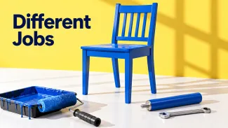A blue chair stands beside a paint roller, detached chair leg, and wrench under the words Different Jobs.