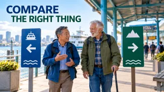 Two older men discuss different routes at a ferry terminal beneath the words “Compare the Right Thing.”
