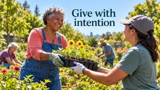 An older woman gives a tray of seedlings to a volunteer in a sunny community garden beneath the words Give with intention.