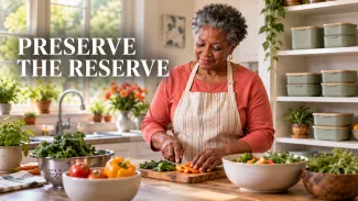 A woman prepares vegetables while a set-aside supply of meals remains accessible on nearby shelves.