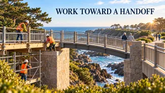 Workers complete a temporary bridge extension while older adults walk toward a sunlit coastal park.