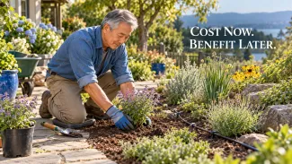 An older man plants a water-efficient garden beside drip irrigation under the words “Cost Now. Benefit Later.”