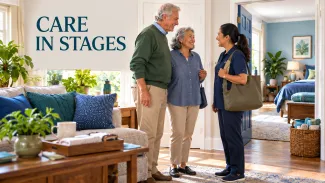 An older couple speaks with a home helper between prepared living spaces beneath the words “Care in Stages.”