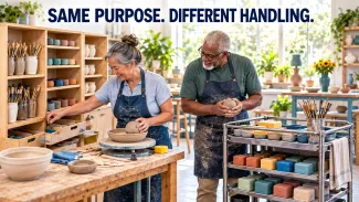 An older couple organizes pottery supplies between fixed studio shelving and a movable cart, showing how similar contents can work differently.