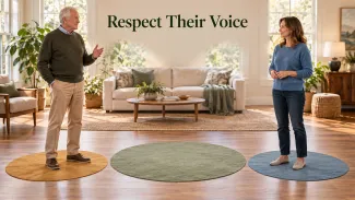 An older father and adult daughter stand in separate spaces facing an open shared area beneath the words “Respect Their Voice.”