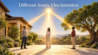 Three adult heirs stand between a family home and a mature tree as one source of light reaches each person differently.