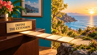A short wooden bridge labeled Define the Extension connects a work surface to an open coastal landscape.
