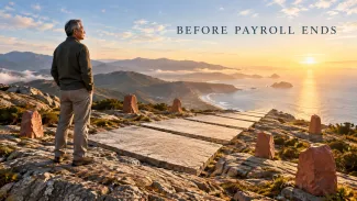 An older man overlooks a narrowing series of pay-period stones and separate tax-payment markers leading toward retirement.