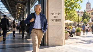 An older man steps from a train platform into a sunlit town square beside the words “Protect the Option.”