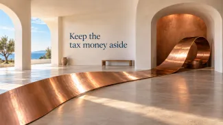 A copper strip extends across a sunlit gallery while part remains rolled in an alcove, beside the words “Keep the tax money aside.”
