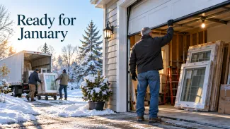An older homeowner opens a garage where renovation windows are ready as a delivery crew arrives on a snowy morning.