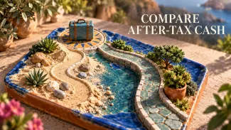 A ceramic landscape shows firm tile and shifting sand routes leading toward a small travel case beneath the words Compare After-Tax Cash.