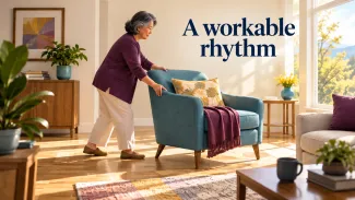 An older woman moves a teal reading chair beside a sunny window, beneath the words “A workable rhythm.”