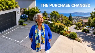An older woman stands calmly beside an empty driveway space beneath the words “THE PURCHASE CHANGED.”