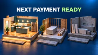 Three renovation stages show the next payment fully prepared while later project work remains waiting.