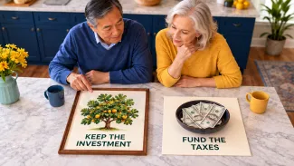 An older couple compares a framed investment with cash set aside separately for taxes at their kitchen island.