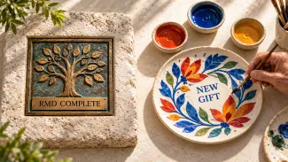 A finished plaque marked RMD COMPLETE sits beside a separate ceramic plate marked NEW GIFT as an older hand paints it.