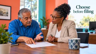 A retiree discusses his tax return with a preparer beneath the words “Choose before filing.”