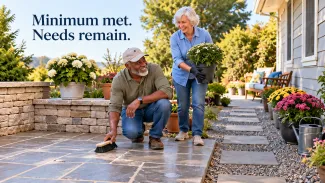 An older couple completes a patio task beside the words “Minimum met. Needs remain.”