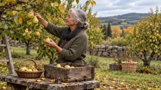 A silver-haired woman picks ripe pears in an autumn orchard, with a basket and wooden crate holding the harvest nearby.