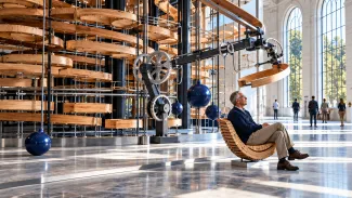 A man sits in a curved wooden chair beside an intricate timber-and-metal sculpture in a sunlit hall.