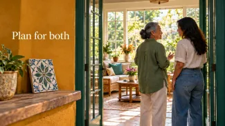 An older woman and her adult daughter talk beside a sunlit room, with a tile sample nearby and the words “Plan for both.”