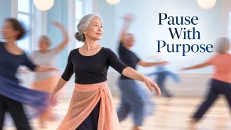 An older woman pauses thoughtfully during a community dance class beside the words “Pause With Purpose.”