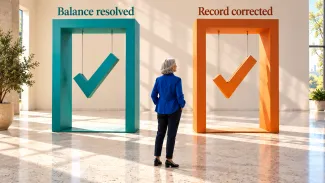 A woman considers two separate checkmarks labeled “Balance resolved” and “Record corrected.”