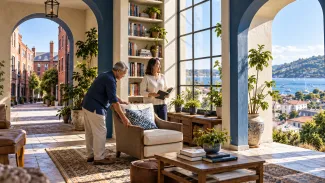 An older couple arranges a reading chair in a sunlit home framed by views of a brick neighborhood and coastal town.