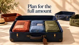 An open suitcase holds three packing cubes beneath the words “Plan for the full amount.”