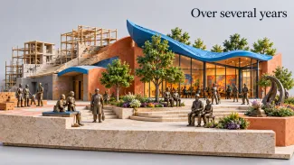 A sculptural community arts center progresses from construction to a gathering place beneath the words “Over several years.”