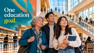 A grandmother, father, and college student visit a bright campus library together beside the words “One education goal.”