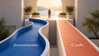 A blue route labeled Investments and a terracotta route labeled Cash lead toward an adult child on a sunlit landing.