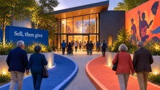 Older adults follow cobalt and coral paths toward a welcoming community arts center beside the words “Sell, then give.”