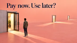 A person considers an open doorway while two more doorways recede into the distance, beneath “Pay now. Use later?”