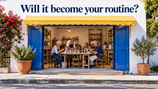Older adults make pottery together inside a studio with blue doors and a yellow awning, beneath “Will it become your routine?”