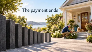A diminishing row of stone slabs ends near a home where a man tends flowers beside his dog, beneath “The payment ends.”