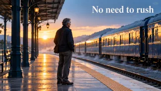 An older man waits beside a train at sunrise beneath the words “No need to rush.”