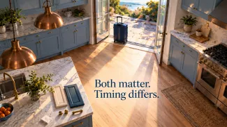 A suitcase waits by an open kitchen doorway while cabinet samples rest on the counter, with the words “Both matter. Timing differs.”
