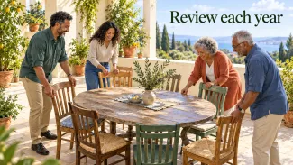 An older couple and two younger adults arrange chairs around a veranda table beneath the words “Review each year.”