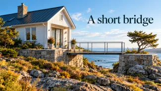 A short bridge connects a coastal cottage to a stone landing, with the words “A short bridge.”