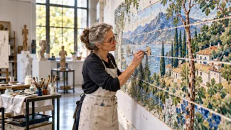 A conservator carefully restores a small section of a ceramic landscape mural in a sunlit studio.