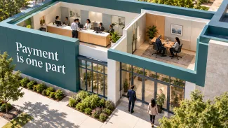 A cutaway building shows a payment counter and a separate consultation room beneath the words “Payment is one part.”