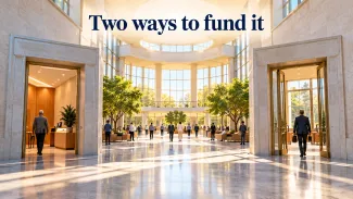 Two open entrances lead into a shared sunlit hall beneath the words “Two ways to fund it.”