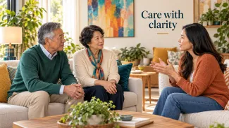 An older couple listens as their adult daughter speaks during a calm conversation in a bright family room.