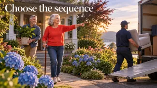 An older woman with a cane directs movers beside a porch and moving van beneath the words “Choose the sequence.”