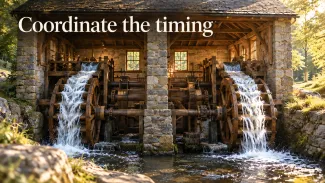 Two waterwheels operate within one sunlit stone mill beneath the words “Coordinate the timing.”