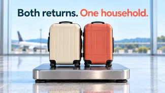 Two suitcases share one weighing platform beneath the words “Both returns. One household.”