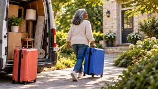 An older Black woman rolls a blue suitcase toward her new home while a coral suitcase remains beside the moving van.